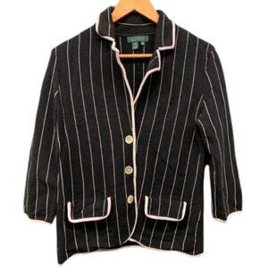 Lauren Ralph Lauren Blazer Women’s M Black White Stripe Cotton 3/4 Sleeve